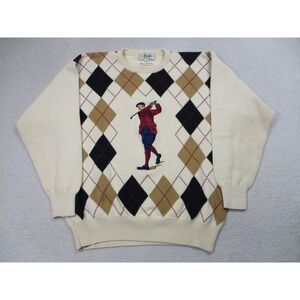 Vintage Pringle Of Scotland Sweater Mens Medium Cream Argyle Golf Intarsia 90s